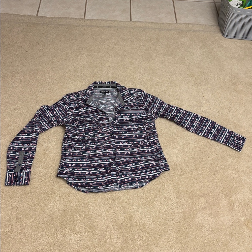 Women's Navy Patterned Button Down Shirt